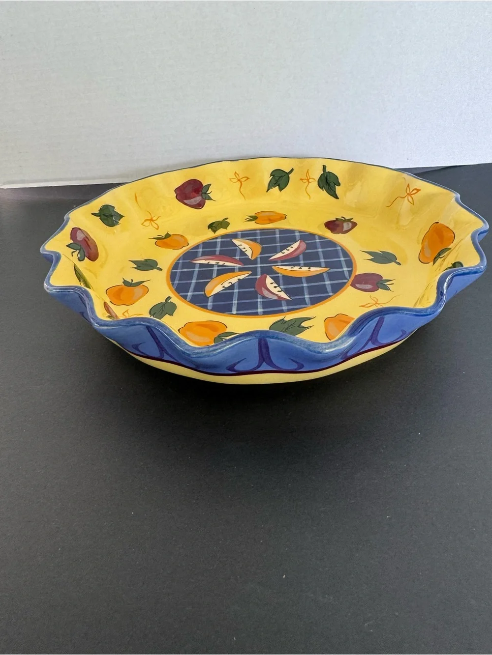 Hand-Painted Yellow and Blue Fruit Ceramic Serving Bowl